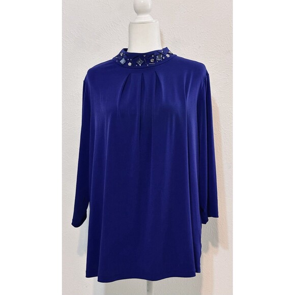 Susan Graver Artisan Size 1X Liquid Knit  Embellished Blue Blouse 3/4 Sleeve - Picture 1 of 10